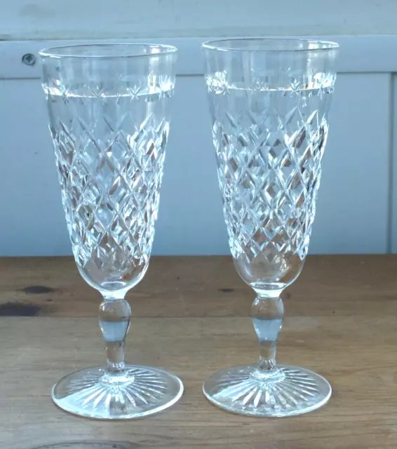 2 x Vintage Lead Crystal cut glass champagne / wine flutes diamonds & stars