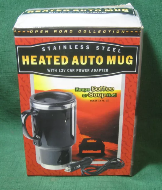 Heated Auto Mug Stainless Steel with 12v Car Power Adaptor Open Road Collection