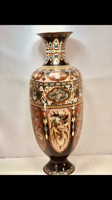 Large Antique Japanese Meiji bronze cloisonné enamel dragon phoenix vase