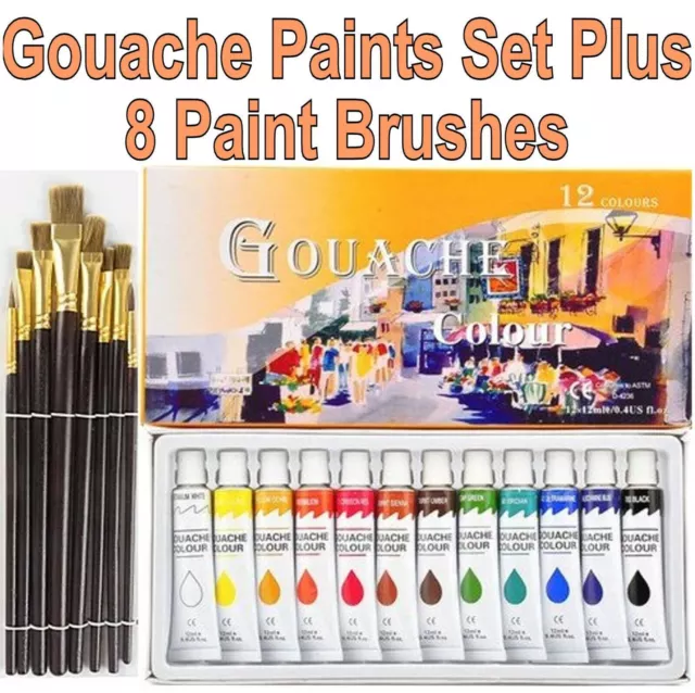 New! 12 Colours Designer Gouache Paint Tubes Set + 8 Paint Brushes Kit Painting