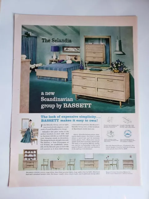 2 Vintage 1957 Bassett Furniture Print Ad Ephemera Art Decor Denmark Group 2