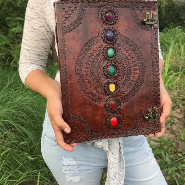Large Seven Stone Handbound Leather Journal Spell Book Of Shadow Leather Grimoir