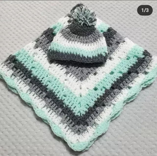 handmade crochet baby blanket + hat set mint grey white Cot pram car seat gift