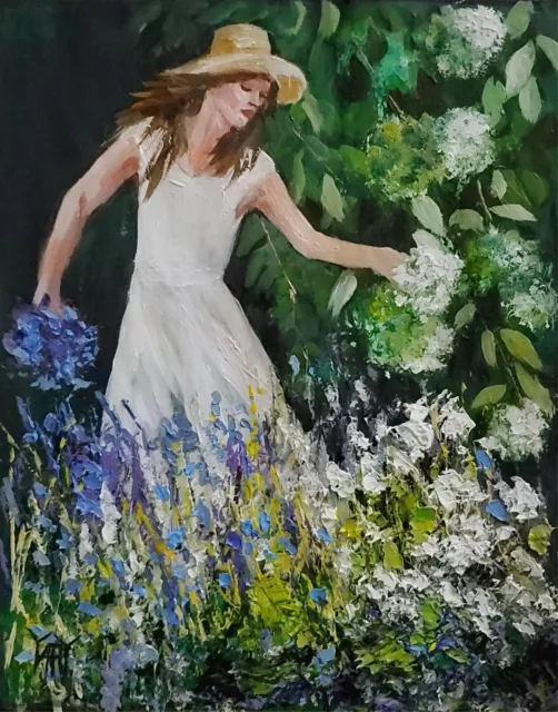 YARY DLUHOS Woman Summer Garden Flower Female Portrait Original Art Oil Painting