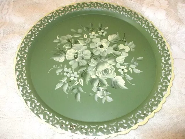 Extra-Large Hand Painted White Roses & Violets Vintage Green Nashco Tole Tray
