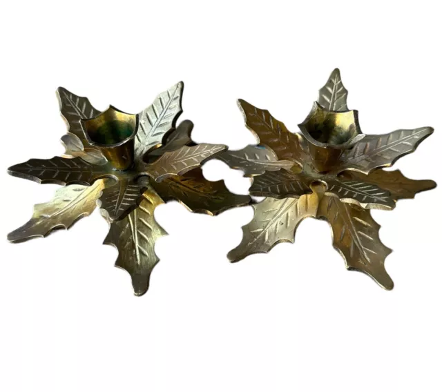 Vintage Solid Brass Holly Leaf Candlesticks Holder Holiday Christmas Set of 2