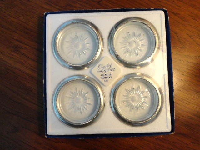 Vintage Crystal And Silver Coaster Ashtray Set of 4 Leonard Italy Sealed NIB