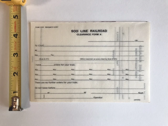 SOO LINE Railroad Clearance Form A (8) Print Date 1959 Register check on back RR