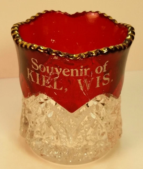 Old EAPG Souvenir Ruby Red Flash Glass Toothpick Holder Keil WI Wis Calumet CO