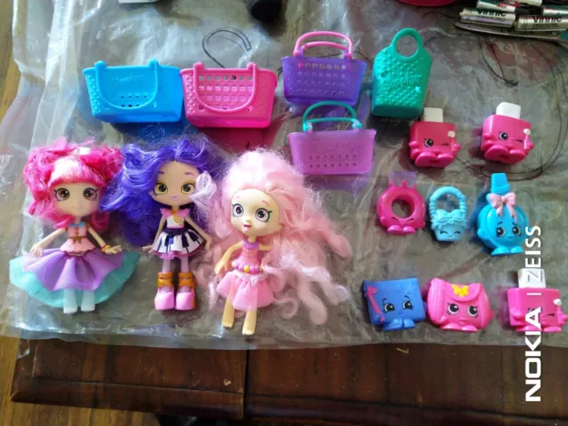 16pc Shopkins DOLLS Donatina Melodine Bubbleisha + BIG Shoppies  + BASKETS Lot