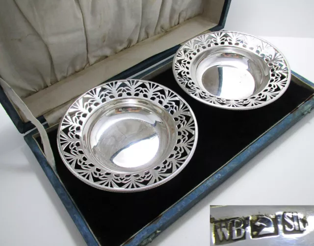 Pair c1920 Indian Colonial Solid Silver Pierced Table Bon Bon Dishes Warner Bros