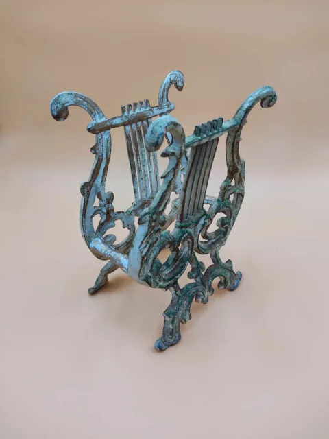 Cast Aluminum Harp Lyre Design White & Gold Patina Finish Magazine Rack Stand