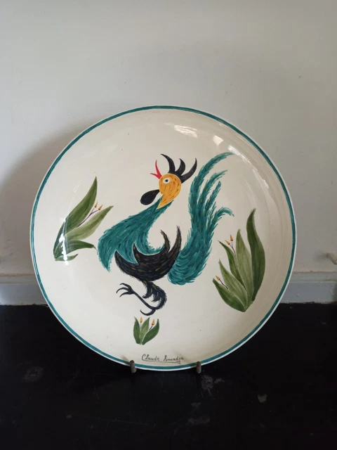 Plat En Faience Signe Claude Smadja "Le Coq Turquoise" Peint Main 1996