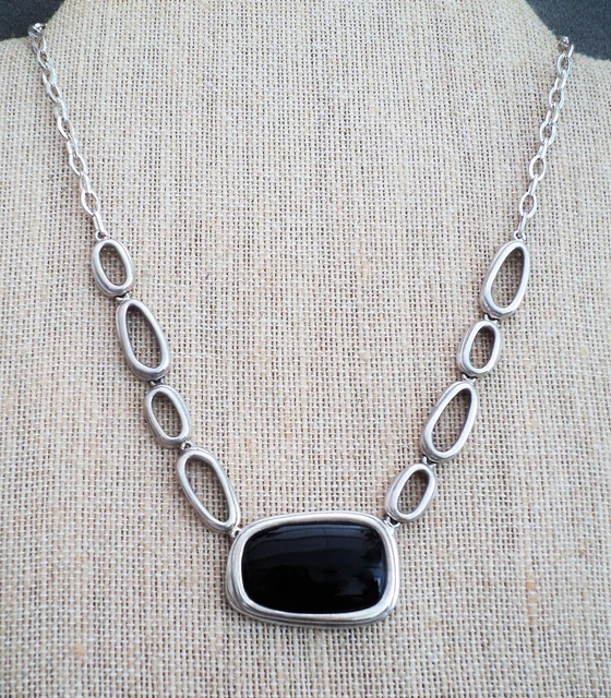 MODERNIST Black Glass / Stone STERLING Silver Adjust Bubble Link NECKLACE 17-19"