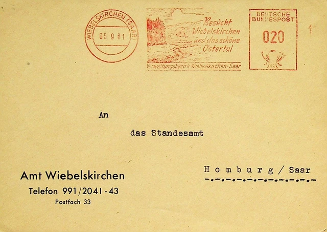 Deutschland 1961 Meter Frankierte Abdeckung Von Wiebelskirchne Sich Homburg W/