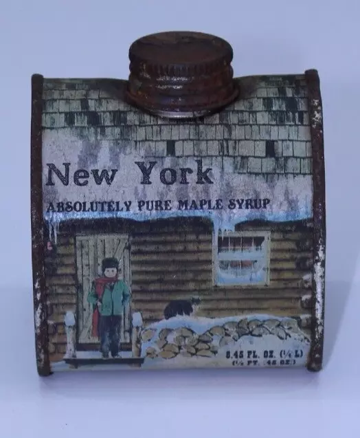New York  Maple Pure Syrup 8oz VTG Tin Litho Metal Collectible Advertising 1984