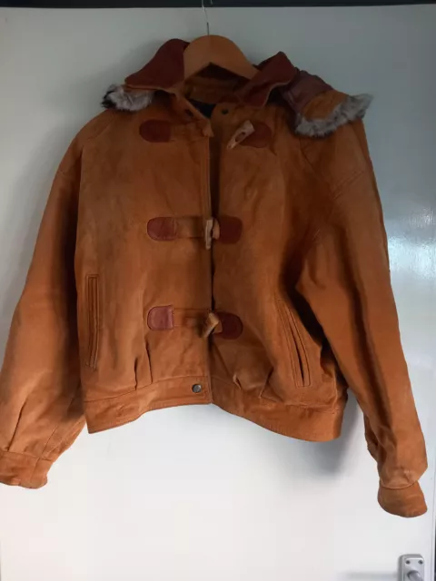 LAKELAND - REAL LEATHER Jacket coat Removable Faux Fur Lined Hood Tan Size 14