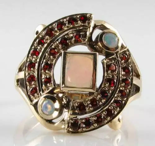 Large  9Ct Gold Art Deco Ins Au Opal & Garnet Ring Free Resize