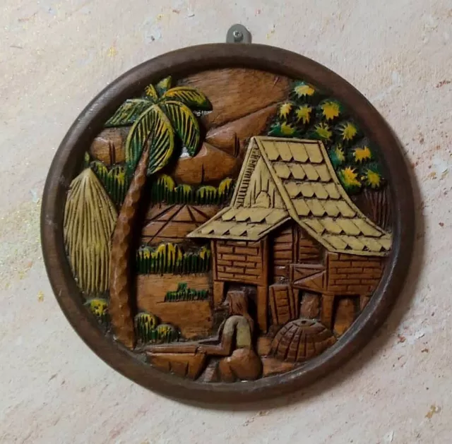 Vintage Wall Plaque African Wood 3D Carved Hand Painting Rounded Solid Old Cute