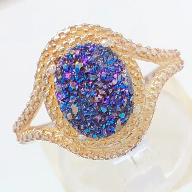 Bague Et Pendentif Vintage En Pierre Druzy - Taille 7.5, Plaqué Argent, Occasion