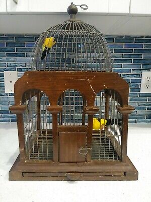 VTG. MCM  WIRE/WOODEN BIRDCAGE & SLIDE OUT TRAY, (ART Deco OR BIRD HOME)