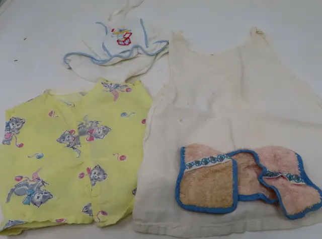 Vintage 4 Piece Lot Infant Baby Doll Hat Terry Bib Kitten Top
