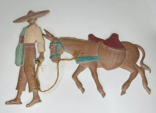 Vtg Southwest Mexican Man w/Sombrero & Burro Donkey Metal Wall Decor Hanging