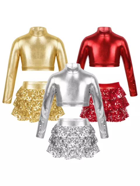 Kids Girls Dancewear Long Sleeves Costume Sequins Dance Outfits Theme Party Set