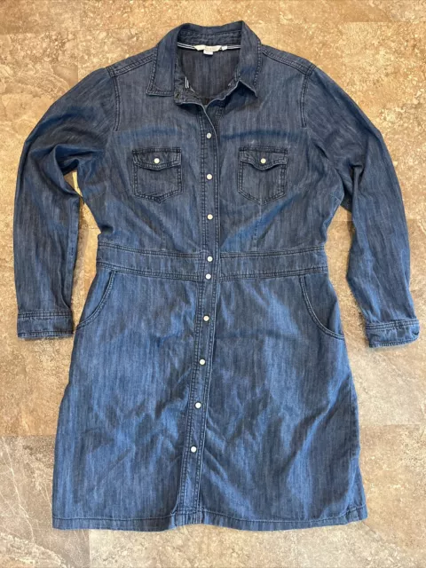Women’s BODEN Denim Long Shirt Dress, Size 12 L, Long Sleeve Blue Snap Closure