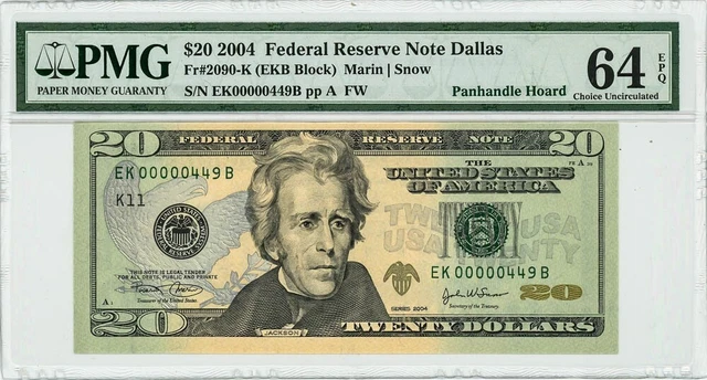 FR #2090-K $20 2004 Federal Reserve Note Dallas Ch Unc 64 EPQ PMG DC-6284