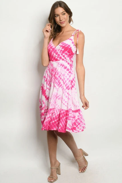 Fuschia Pink Tie Dye Sundress Size Medium Lined Tassel Tie Accents