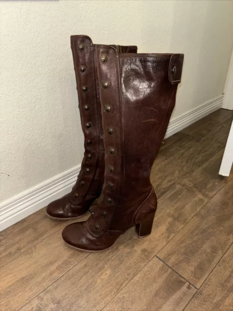 FRYE ADRIENNE BUTTON Boot Size 7M Brown Leather Tall Boots Military Sty 250.00 PicClick