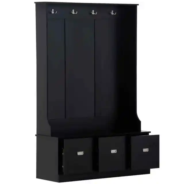 URTR Coat Hanger Storage Bench (45.8"x16.3"x72.1") 4-Hooks 3-Drawer Wood Black