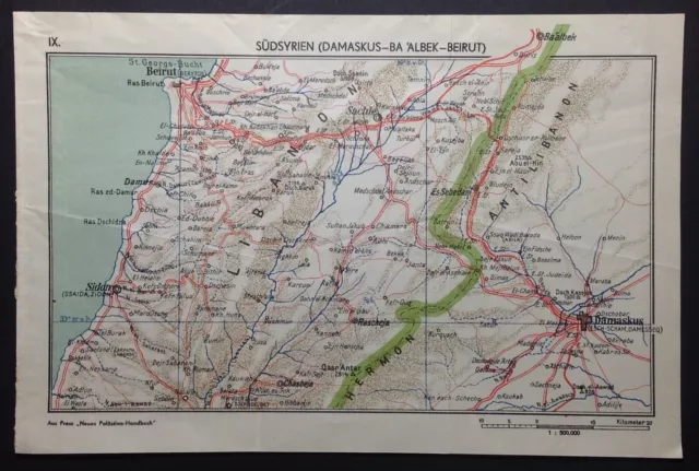 Stampa Vintage Mappa Libano Beirut Sidone Baalbek Siria Damasco 1934