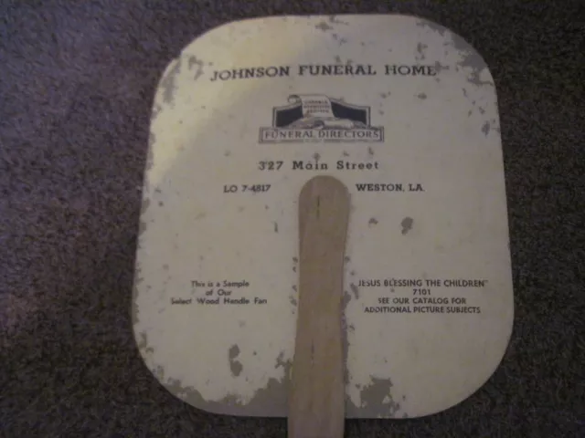 Vtg. Hand Ad Fan for JOHNSON FUNERAL HOME in Weston, LA. phone LO 7-4817