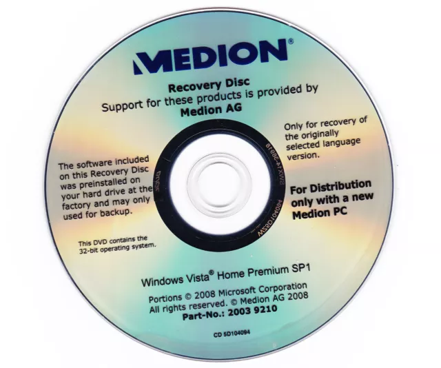 Windows Vista Home Premium SP1 Recovery- Reinstallation  32bit, englisch- Medion