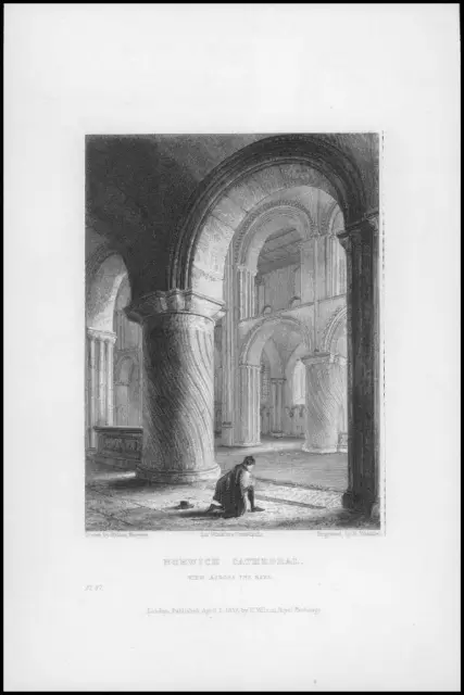 1838 Antique Engraving NORWICH CATHEDRAL VIEW ACROSS THE NAVE Norfolk (WC35)