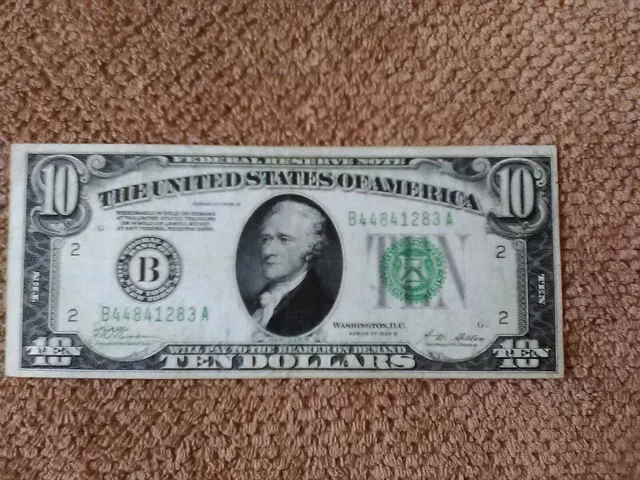 1928 Series B $10 Ten Dollar Banknote, Very Nice,Green Seal, Xf+,New York-Issued
