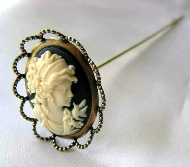 HATPIN with IVORY COLOR LADY and BIRD ON BLACK CAMEO - OLD BRASS FINISH SETTING