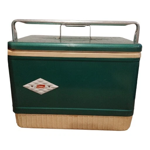 HTF COLEMAN GREEN Metal Cooler 1960’s Diamond Logo Bar Handle Vintage