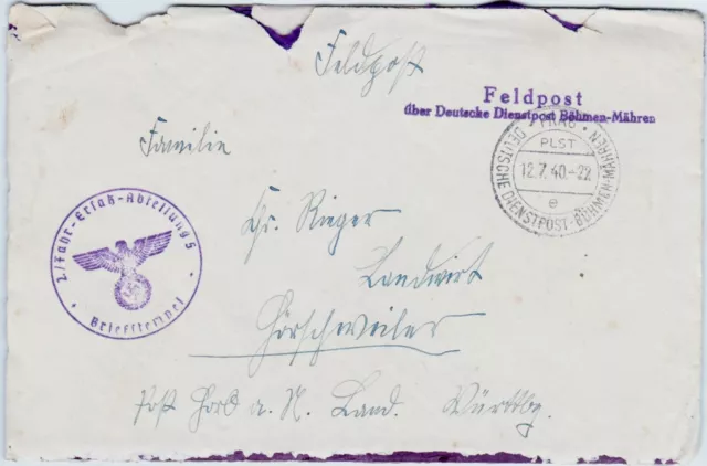 Brief Feldpost WK II Deutsche Dienstpost Böhmen Mähren Prag 1940