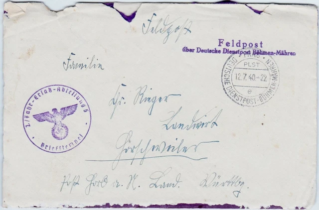 Brief Feldpost WK II Deutsche Dienstpost Böhmen Mähren Prag 1940