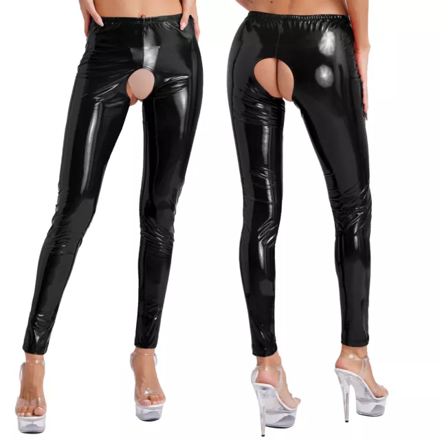 Womens Wetlook Crop Top Hot Pants Patent Leather Cutout Lingerie Clubwear Party