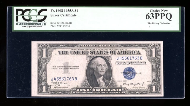 DBR 1935-A $1 Silver Fr. 1608 JB Block PCGS 63 PPQ Serial J45561763B
