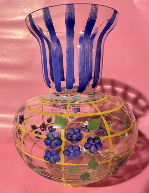 Romanian Glass Vase Hand Painted Blue Poppies Yellow Blue Geometric Art Vase