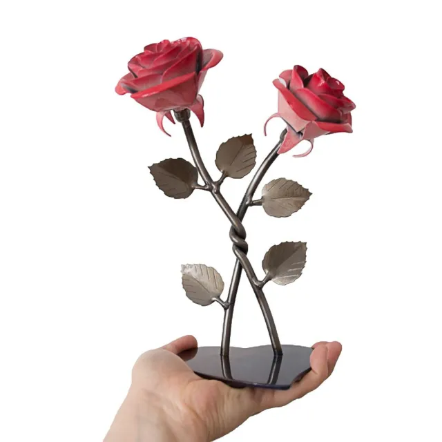 Hand-Forged Double Red Metal Rose with Twist - Iron Anniversary Gift