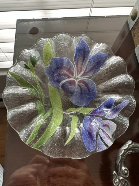 Sydenstricker Fused Glass Bowls 6 3/4" Floral Iris, Blue,purple And Green