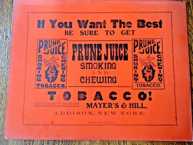 Antique 1800s Cardboard Sign Addison NY ,Mayer's & Hill Prune Juice Tobacco