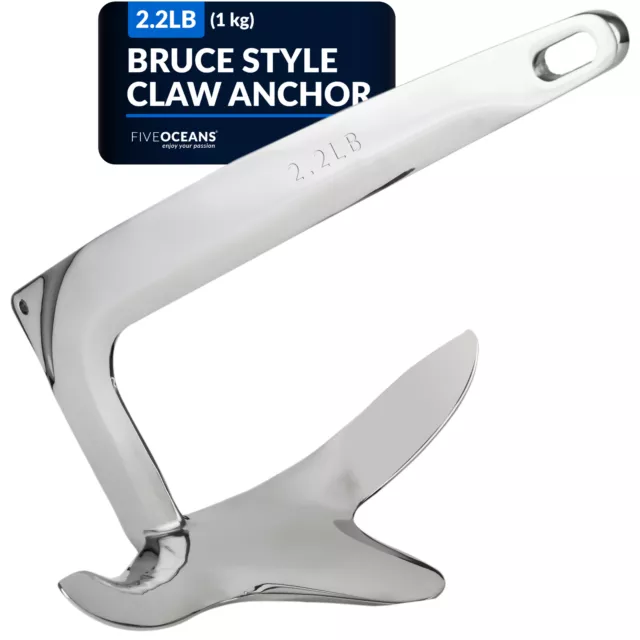 Bruce Style Claw Anchor, 2.2 Lb / 1 Kg Solid High-Polished Stainless Steel