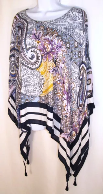 NWT Chicos One Size Striped Paisley Poncho Tonga Blue Multi Tassels Pullover